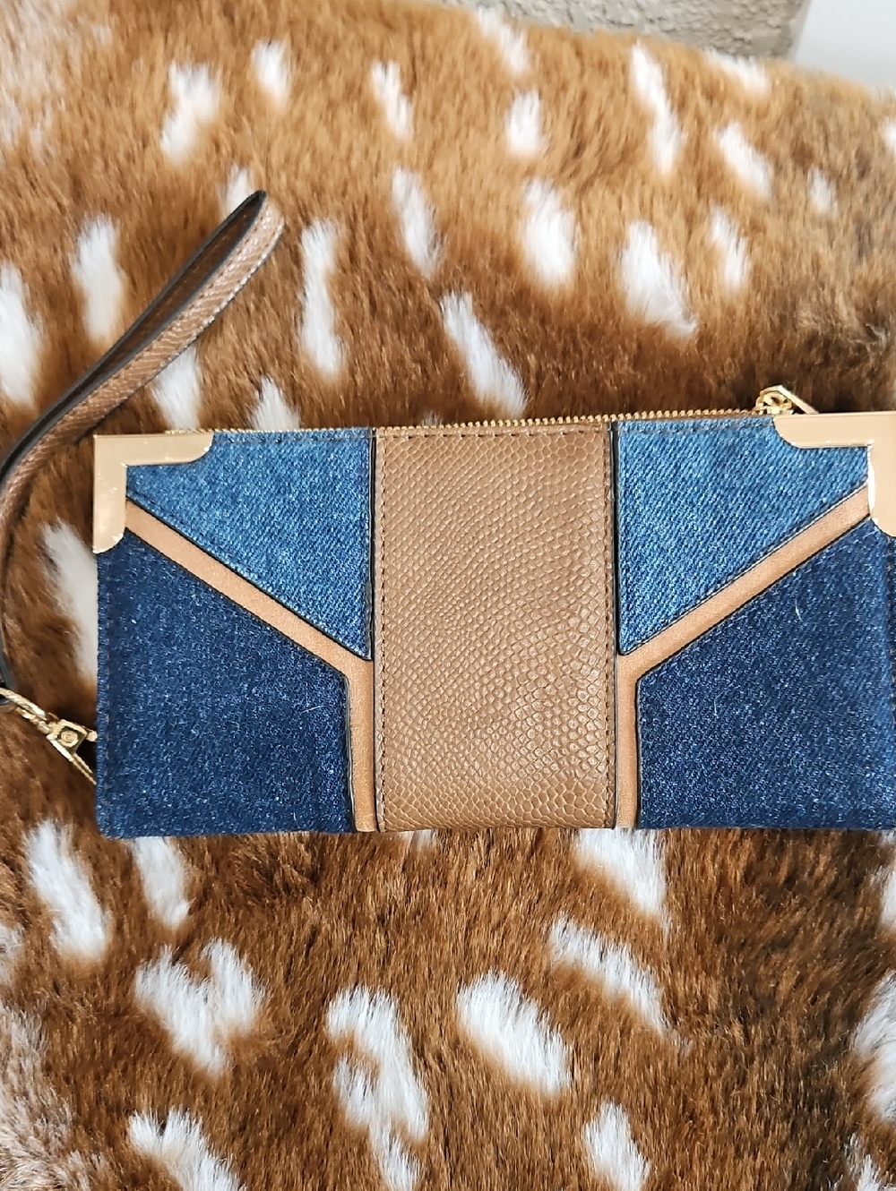 Denim and Tan Wristlet Clutch with Gold Accents